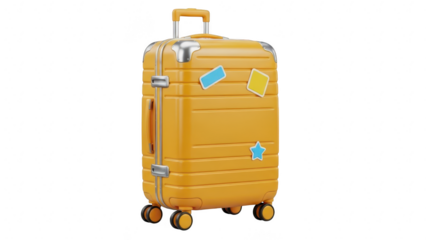 Bright yellow rolling suitcase with small travel stickers isolated on transparent background for vacation or business trip concept