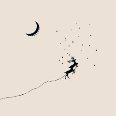 Minimalist illustration of two deer leaping under a crescent moon jumping