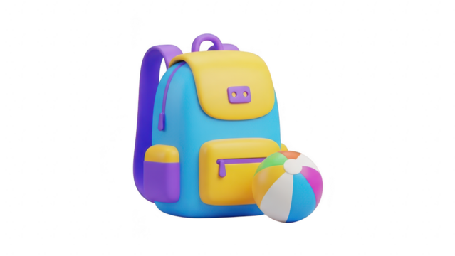 Colorful 3d rendering of a blue and yellow backpack with a striped beach ball, isolated on transparent background