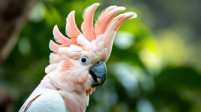 Close-up of a pink and white parrot with a distinctive crest, against a blurred green background
