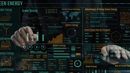 A detailed digital display showcasing green energy sources like solar, wind, hydro, and biomass. Includes benefits, statistics, and visual data analysis for sustainable solutions. Cipher