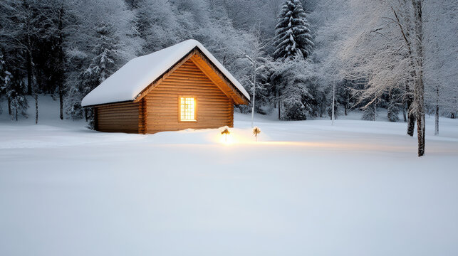 Snowy cabin winter forest glowing window warm light at night serene atmosphere