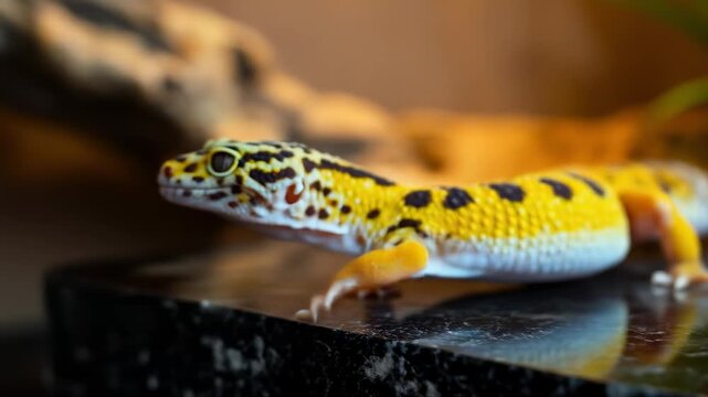 Close-up of a leopard gecko on a reflective surface, showcasing yellow, black, and white markings