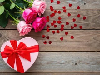 Romantic heart-shaped gift box, pink roses, red confetti on rustic wood