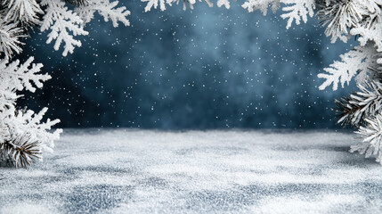 Fototapeta premium Snowy pine branches snow winter frost snowfall cold evergreen pine snowflake frosty winterland