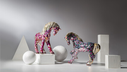 Two porcelain sculptures of horses among white geometric shapes. Still life for the Year of the...