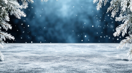 Fototapeta premium Snowy frosty pine branches snow covered surface cold blue winter scene soft falling snow