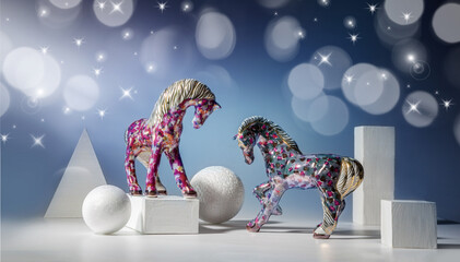 Two porcelain sculptures of horses among white geometric shapes. Still life for the Year of the...
