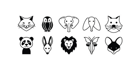 Ten Stylized Animal Icons With Black Outline And Fill On White Background Keywords: animal, icon, stylized, fox, owl, elephant, panda, lion