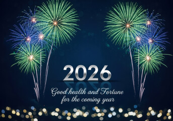 Spectacular green and blue fireworks illuminate the night sky celebrating the arrival of the year 2026 with good fortune message