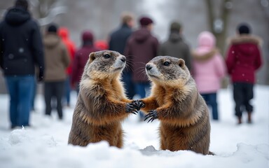 Families gather in a snowy park for Groundhog Day festivities and celebrations in the heart of wintertime fun. High quality