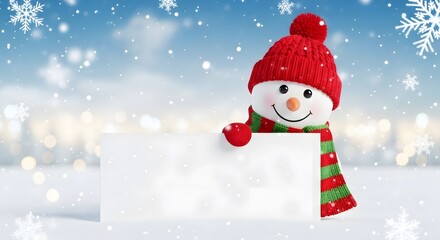 Smiling snowman holding blank sign on snowy winter background with snowflakes