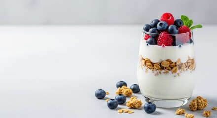 Delicious yogurt parfait with granola, blueberries, and raspberries
