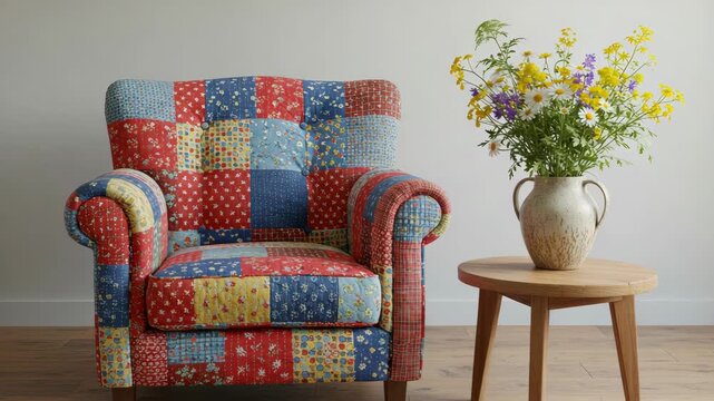 Elegant patchwork armchair paired with a wooden side table and vibrant flower vase creates a cozy and colorful interior focal point.