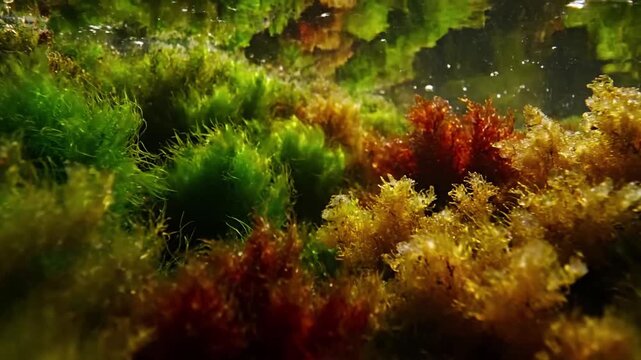 Abstract macro shot of diverse algae species forming a rich tapestry of colors and textures, creating an organic, ever shifting pattern in a natural, untouched setting.