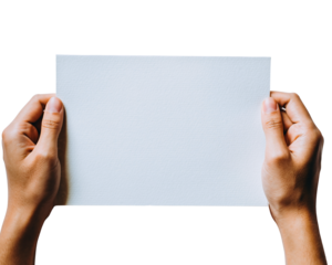Hands holding a blank white paper sign for message or announcement against a white background