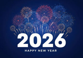 Spectacular fireworks display celebrating the arrival of the new year 2026 with happy new year text below