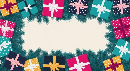 Festive Christmas background with colorful gift boxes and evergreen branches