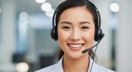 Smiling Asian woman wearing a headset, ready to assist customers