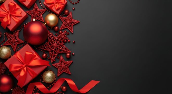 Festive Christmas decorations with red gift boxes, ornaments, and stars - Powered by Adobe