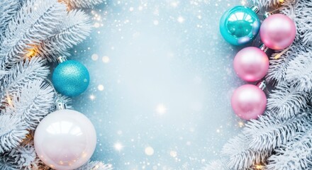 Festive Christmas background with ornaments and snow-covered fir branches