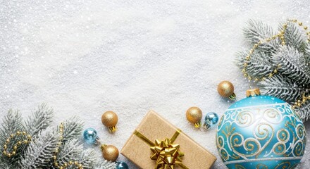 Christmas decorations with ornaments, gift box, and snowy background