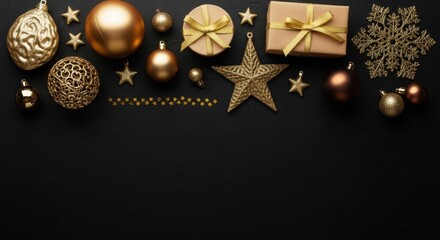 Elegant Christmas decorations in gold on a black background, top view