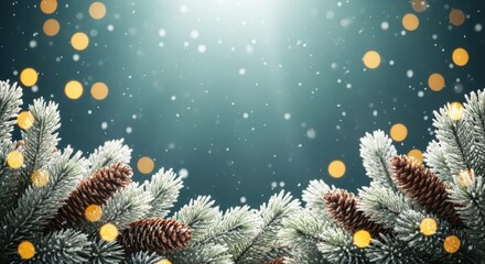 Festive Christmas background with pine branches, cones, and bokeh lights