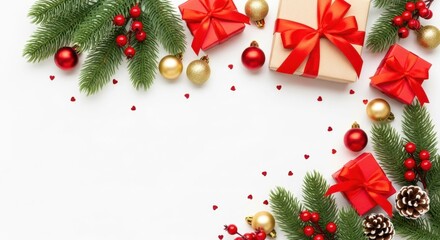 Christmas gifts and decorations on white background, top view