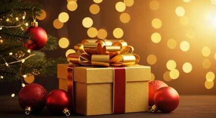 Christmas gift box with gold bow and red ribbon, ornaments, and bokeh lights