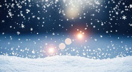 Winter wonderland scene with falling snowflakes and snow-covered ground