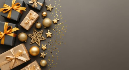 Elegant Christmas gifts and decorations on a dark gray background