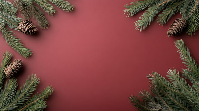 Evergreen pine branches red background festive frame with pinecone accents - Powered by Adobe