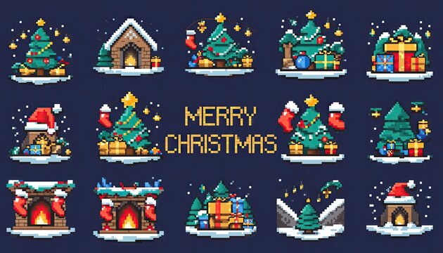 Pixelated Christmas Scene Collection with Festive Decorations. - Powered by Adobe