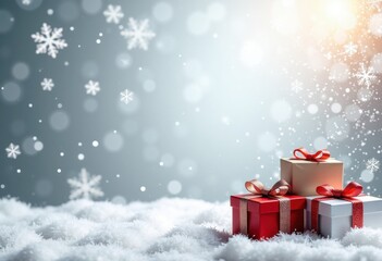 Merry Christmas and Happy New Year silver shiny background with 3d gift boxes and snow, card template with place for text