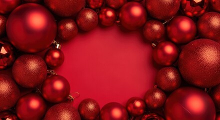Festive red Christmas ornaments arranged in a circle on a red background