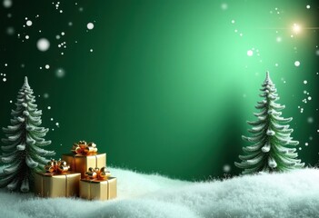 Merry Christmas and Happy New Year green shiny background with fir trees, gift boxes and snow, card template with place for text