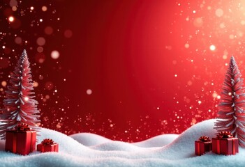 Merry Christmas and Happy New Year red shiny background with fir trees, gift boxes and snow, card template with place for text