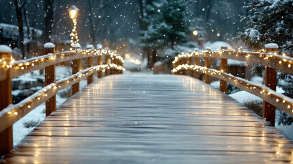 Snowy wooden bridge lit by warm fairy lights creating cozy winter evening glow