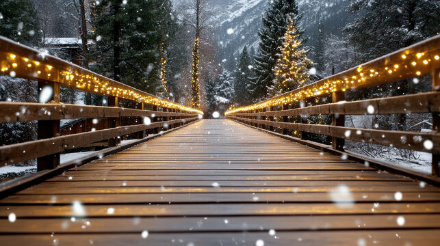 Snow bridge wooden walkway with warm fairy lights leading into snowy forest evening