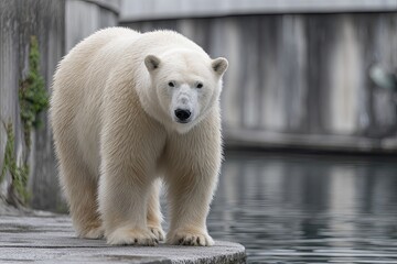 A majestic white bear stands tall near water, its gaze direct and intense. A concrete backdrop frames it
