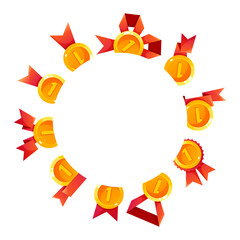 A circular arrangement of gold medals and red ribbons. The design features multiple first place medals, symbolizing achievement and victory.