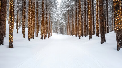Naklejka premium Snowy pine forest path with warm holiday lights on tree trunks creating cozy winter atmosphere