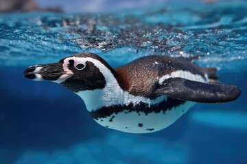 A penguin swims effortlessly through clear, blue water, its dark and white plumage contrasting