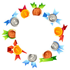 A circular arrangement of medals with ribbons. Gold, silver, and bronze medals are displayed with colorful ribbons in red, blue, and green. Ideal for awards and achievements.