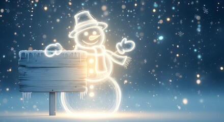 Glowing snowman with wooden sign in winter wonderland under falling snow