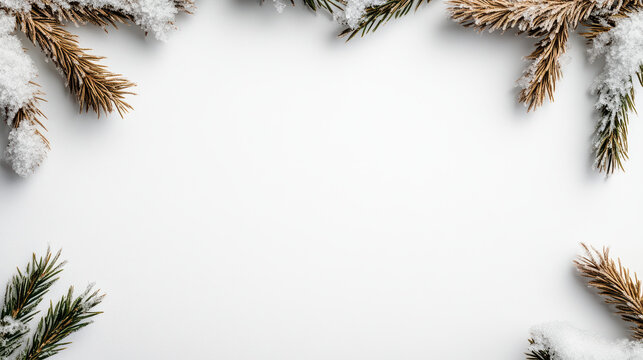 Snowy evergreen border with frosted branches and soft white background, serene winter frame - Powered by Adobe