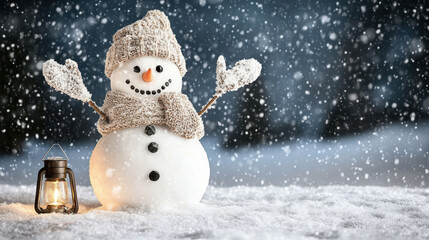 Fototapeta premium Snowman lantern winter snow hat scarf cozy smile