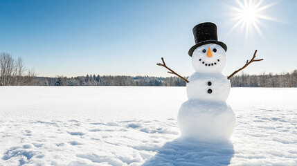 Obraz premium Snowman snow field sunny sky winter landscape joyful outdoors