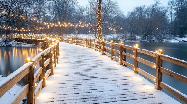 Snowy wooden bridge twinkling with string lights creating serene winter evening glow